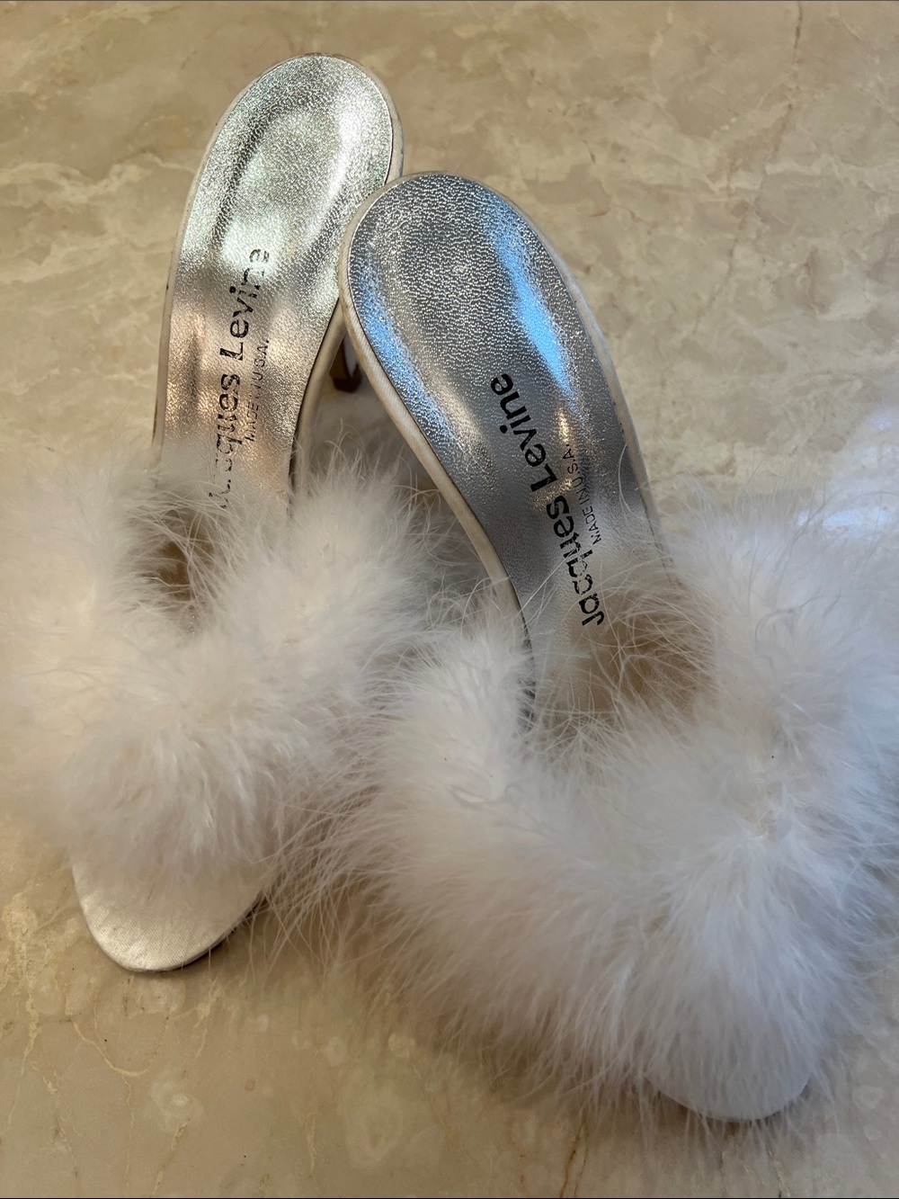 Jacques Levine White Maribou Feather Slide Heels